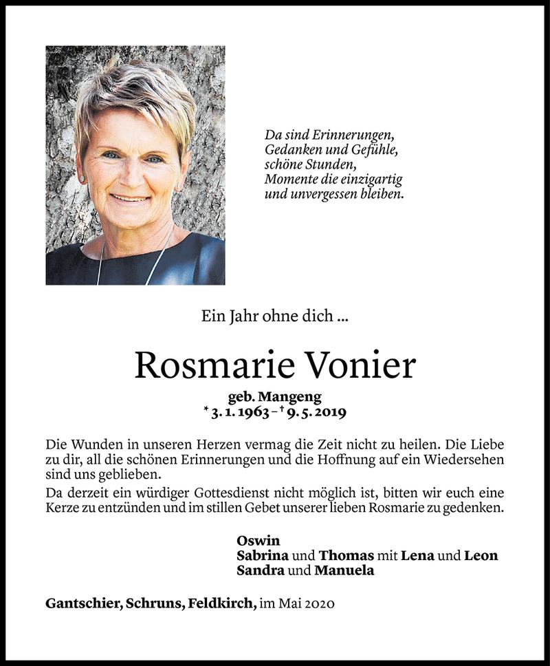  Todesanzeige für Rosmarie Vonier vom 09.05.2020 aus Vorarlberger Nachrichten