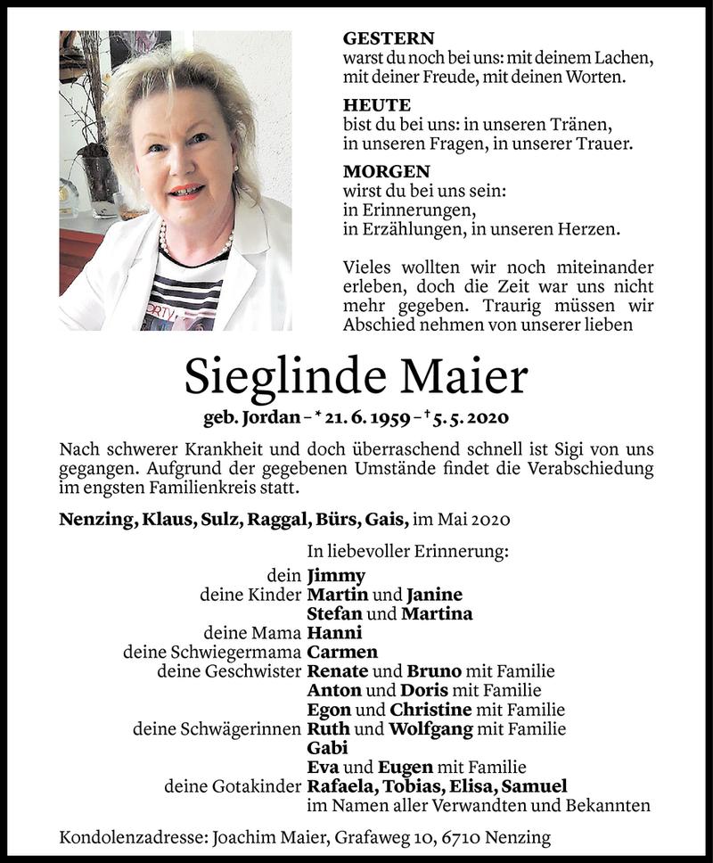  Todesanzeige für Sieglinde Maier vom 09.05.2020 aus Vorarlberger Nachrichten