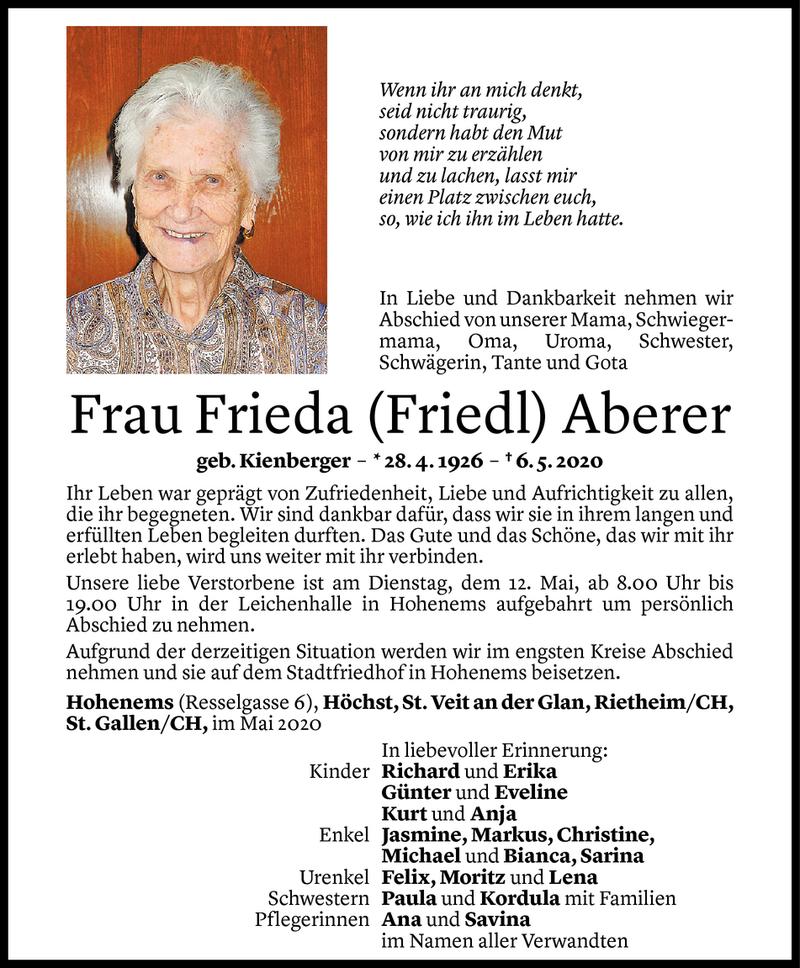  Todesanzeige für Frieda Aberer vom 09.05.2020 aus Vorarlberger Nachrichten