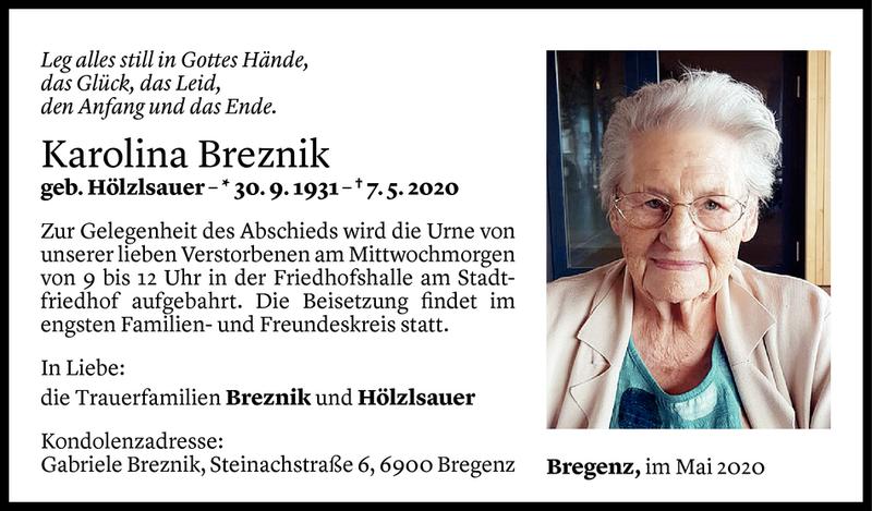  Todesanzeige für Karolina Breznik vom 11.05.2020 aus Vorarlberger Nachrichten