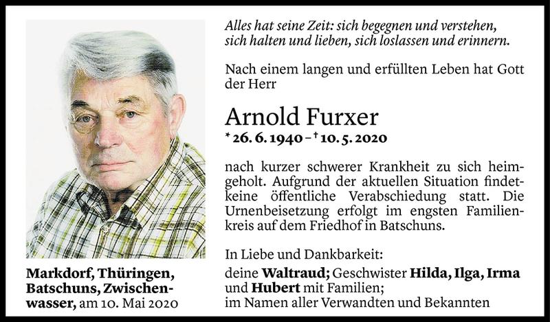  Todesanzeige für Arnold Furxer vom 12.05.2020 aus Vorarlberger Nachrichten