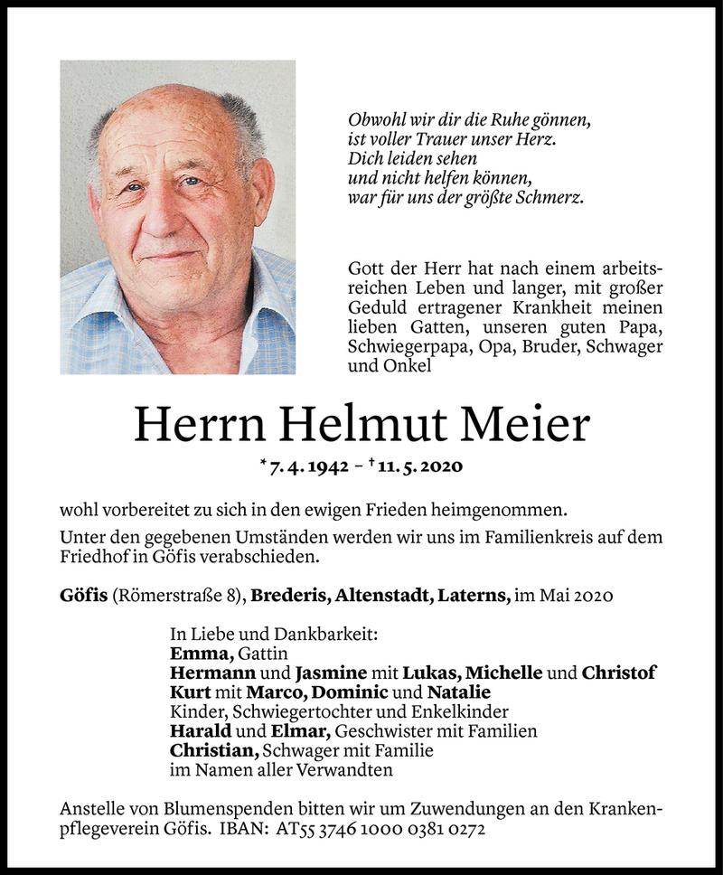  Todesanzeige für Helmut Meier vom 12.05.2020 aus Vorarlberger Nachrichten