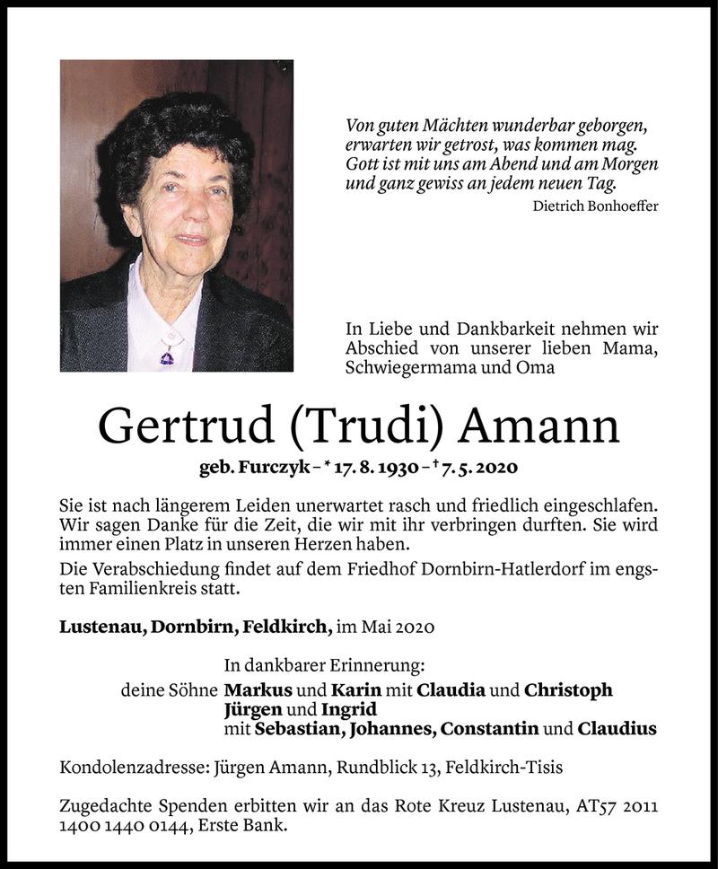  Todesanzeige für Gertrud Amann vom 12.05.2020 aus Vorarlberger Nachrichten