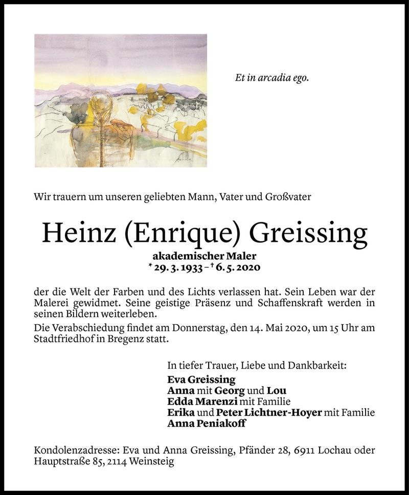  Todesanzeige für Heinz Greissing vom 12.05.2020 aus Vorarlberger Nachrichten