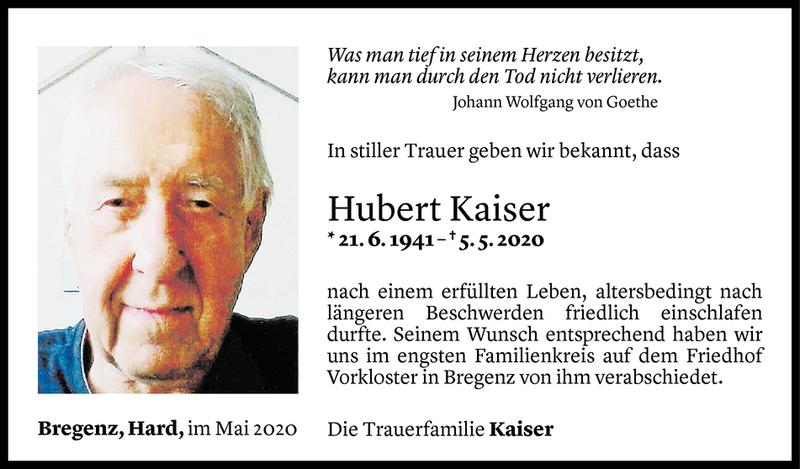  Todesanzeige für Hubert Kaiser vom 16.05.2020 aus Vorarlberger Nachrichten