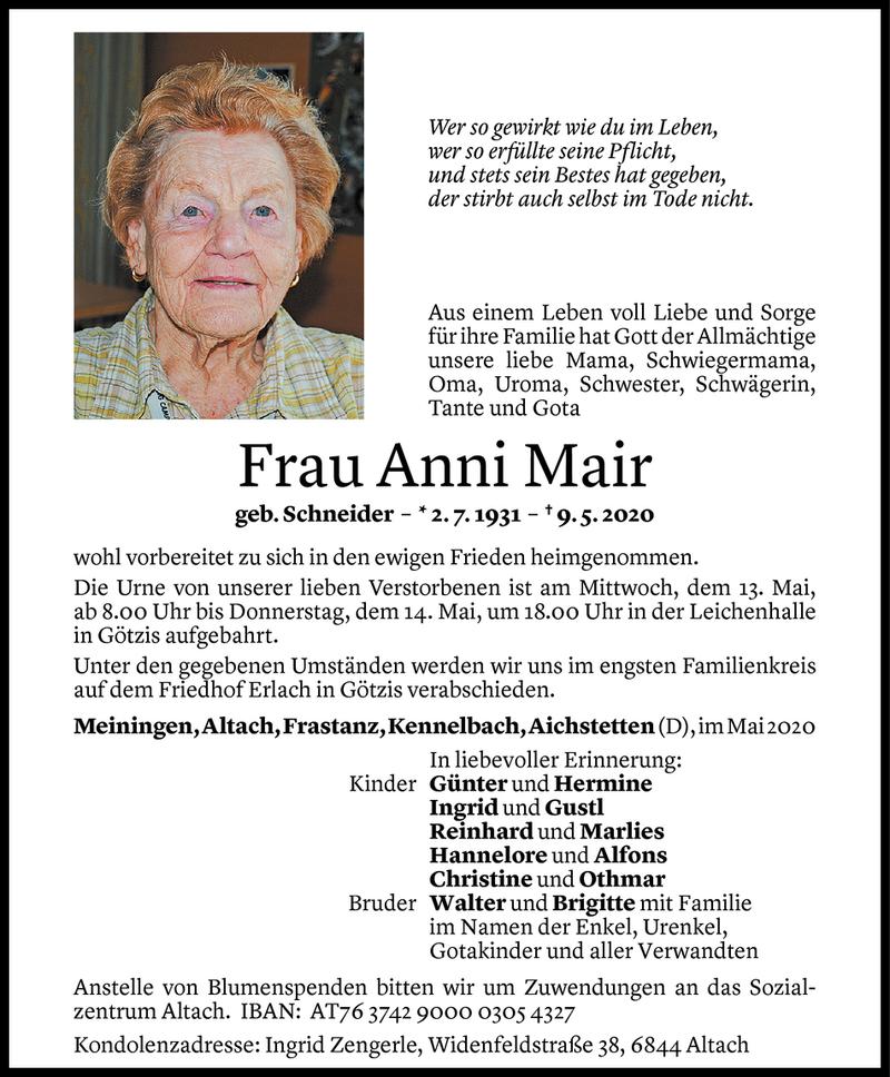  Todesanzeige für Anni Mair vom 12.05.2020 aus Vorarlberger Nachrichten