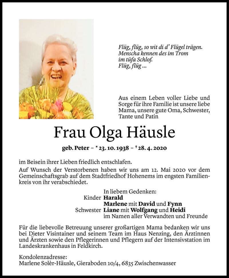  Todesanzeige für Olga Häusle vom 13.05.2020 aus Vorarlberger Nachrichten