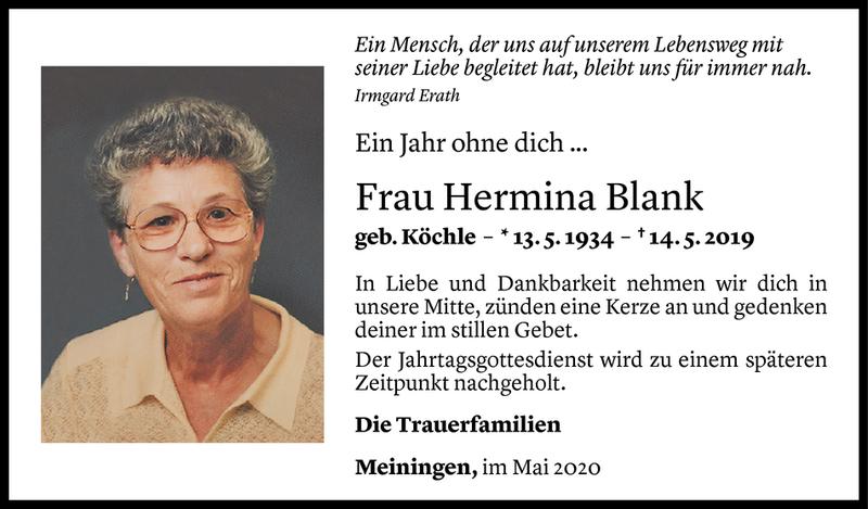  Todesanzeige für Hermina Blank vom 14.05.2020 aus Vorarlberger Nachrichten