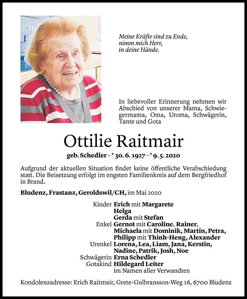  Todesanzeige für Ottilie Raitmair vom 13.05.2020 aus Vorarlberger Nachrichten