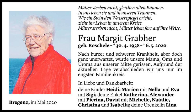  Todesanzeige für Margit Grabher vom 13.05.2020 aus Vorarlberger Nachrichten