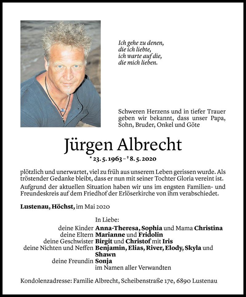  Todesanzeige für Jürgen Albrecht vom 13.05.2020 aus Vorarlberger Nachrichten