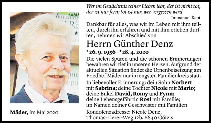  Todesanzeige für Günther Denz vom 12.05.2020 aus Vorarlberger Nachrichten