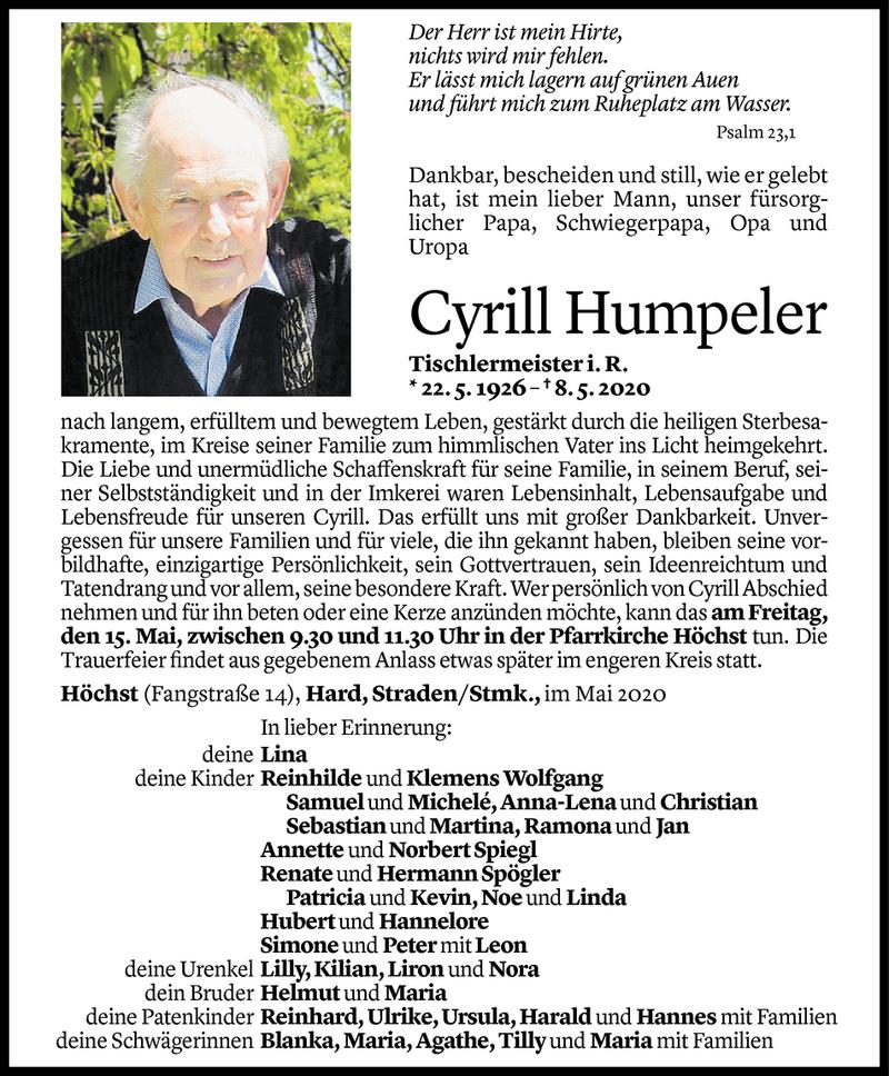 Todesanzeige für Cyrill Humpeler vom 13.05.2020 aus Vorarlberger Nachrichten