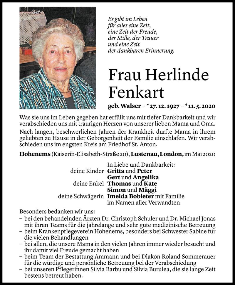  Todesanzeige für Herlinde Fenkart vom 16.05.2020 aus Vorarlberger Nachrichten