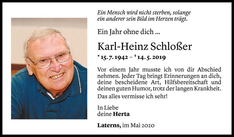  Todesanzeige für Karl-Heinz Schloßer vom 14.05.2020 aus Vorarlberger Nachrichten