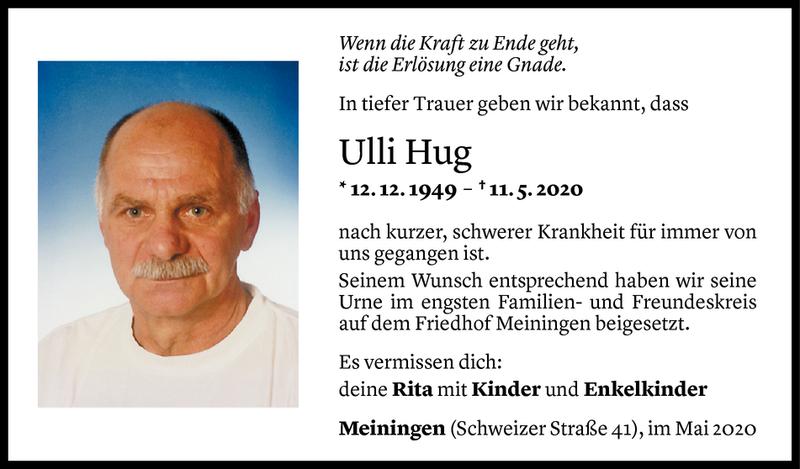  Todesanzeige für Johann Ulrich Hug vom 16.05.2020 aus Vorarlberger Nachrichten