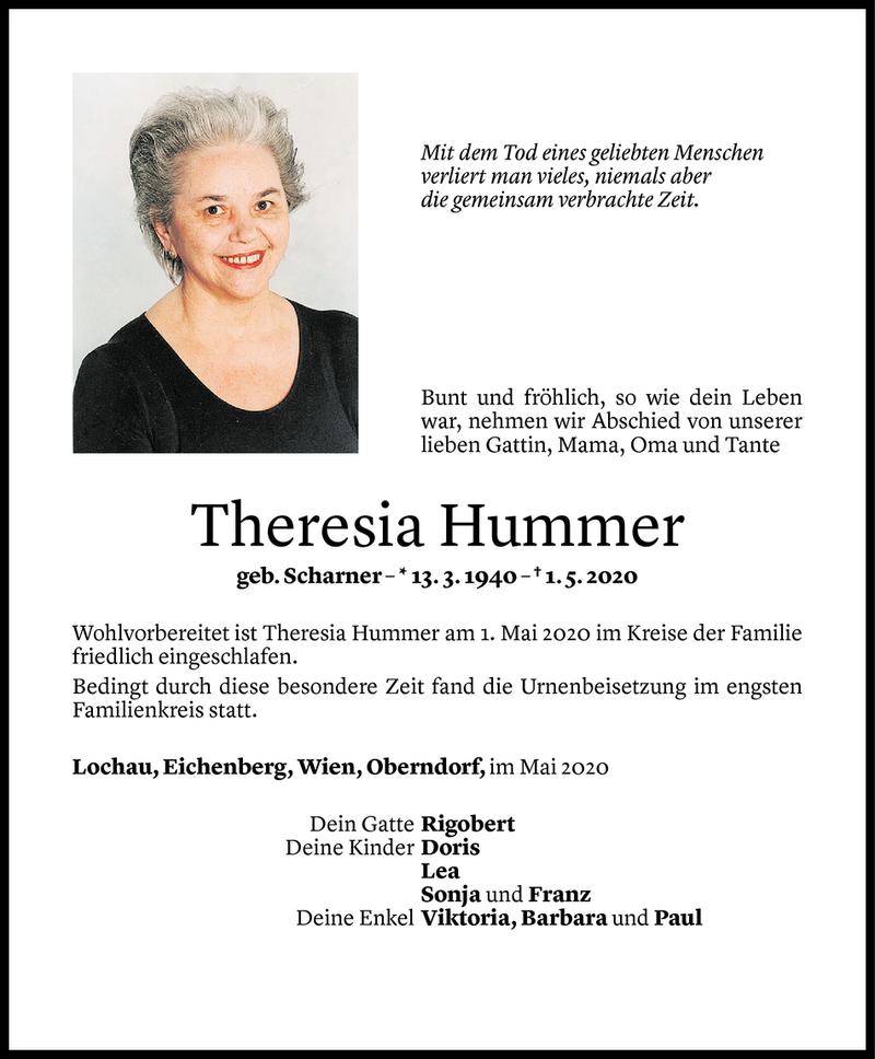  Todesanzeige für Theresia Hummer vom 16.05.2020 aus Vorarlberger Nachrichten