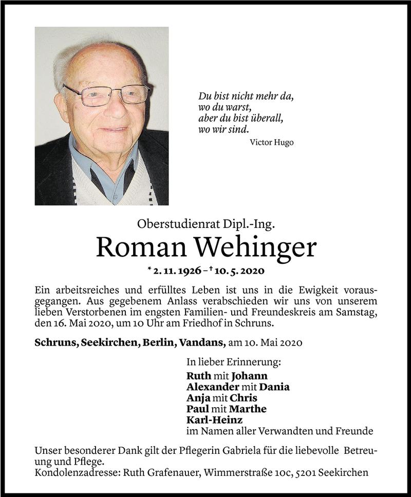  Todesanzeige für Roman Wehinger vom 15.05.2020 aus Vorarlberger Nachrichten