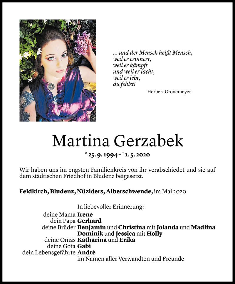  Todesanzeige für Martina Gerzabek vom 16.05.2020 aus Vorarlberger Nachrichten