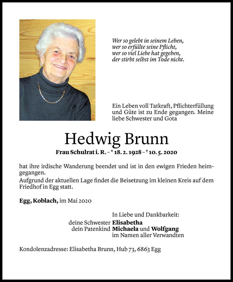  Todesanzeige für Hedwig Brunn vom 14.05.2020 aus Vorarlberger Nachrichten