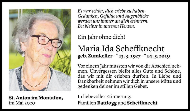  Todesanzeige für Maria Ida Scheffknecht vom 15.05.2020 aus Vorarlberger Nachrichten
