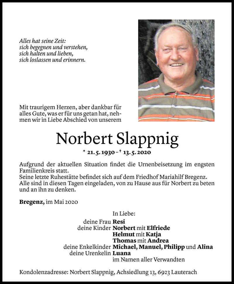  Todesanzeige für Norbert Slappnig vom 15.05.2020 aus Vorarlberger Nachrichten