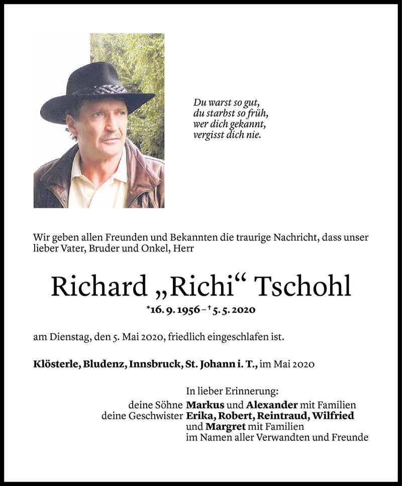  Todesanzeige für Richard Tschohl vom 15.05.2020 aus Vorarlberger Nachrichten
