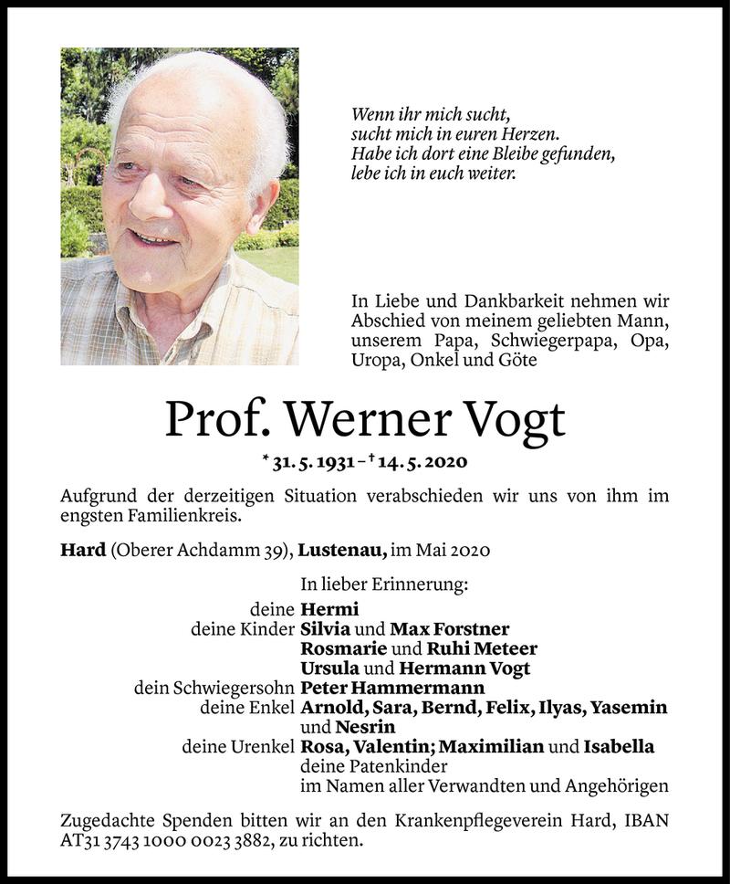  Todesanzeige für Werner Vogt vom 16.05.2020 aus Vorarlberger Nachrichten