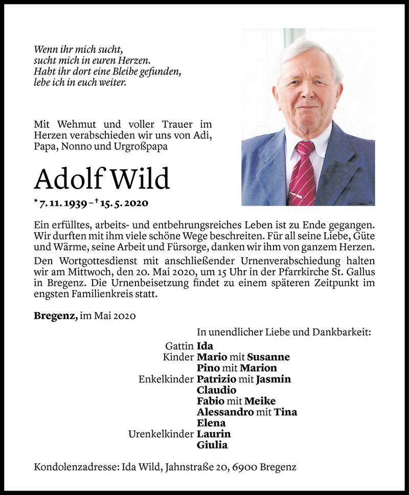  Todesanzeige für Adolf Wild vom 18.05.2020 aus Vorarlberger Nachrichten