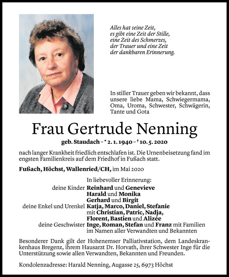  Todesanzeige für Gertrude Nenning vom 18.05.2020 aus Vorarlberger Nachrichten