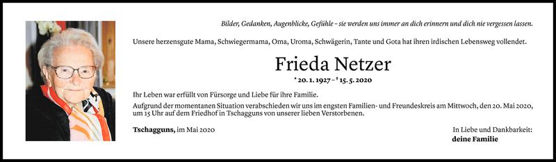  Todesanzeige für Frieda Netzer vom 18.05.2020 aus Vorarlberger Nachrichten