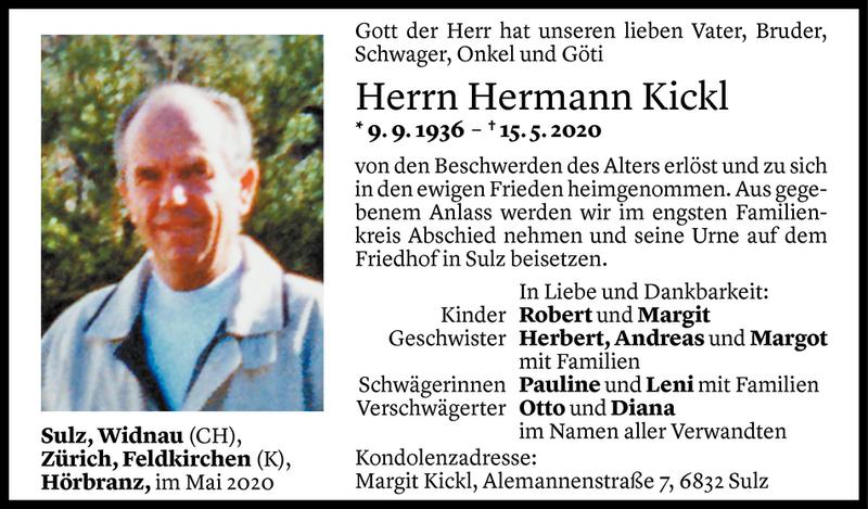  Todesanzeige für Hermann Kickl vom 19.05.2020 aus Vorarlberger Nachrichten