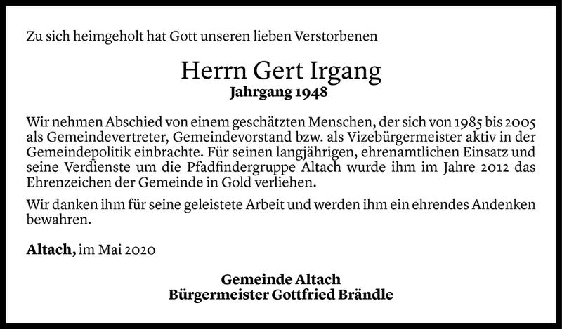  Todesanzeige für Gert Irgang vom 19.05.2020 aus Vorarlberger Nachrichten