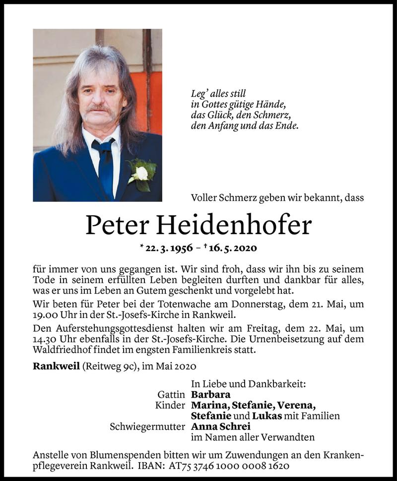  Todesanzeige für Peter Heidenhofer vom 20.05.2020 aus Vorarlberger Nachrichten