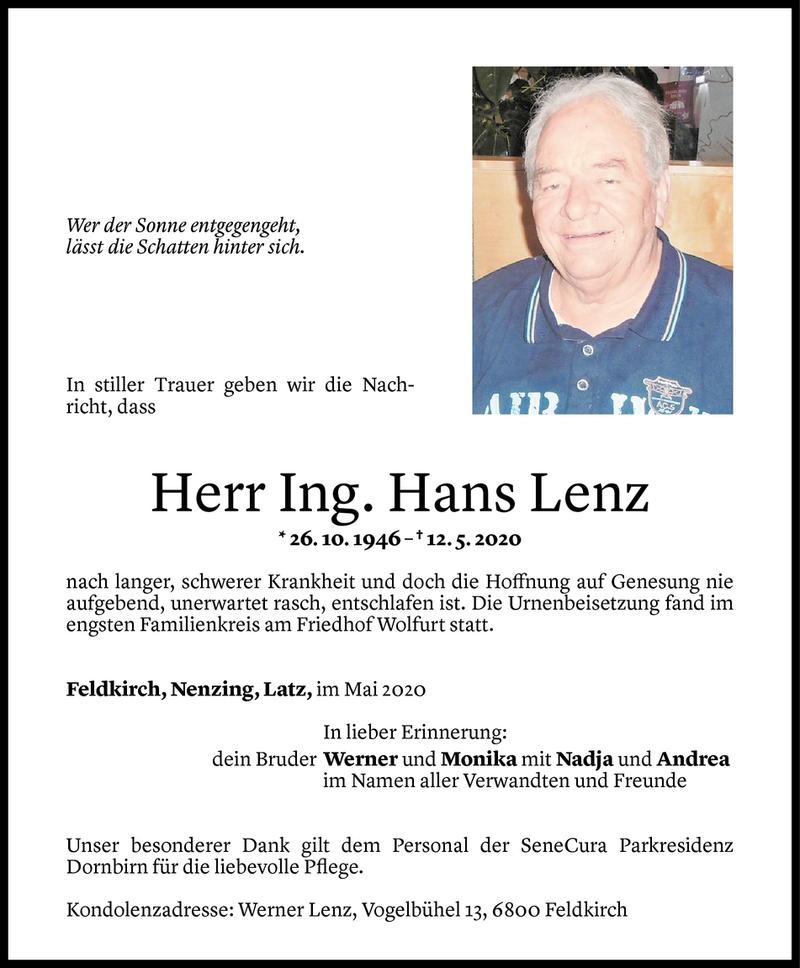 Todesanzeigen von Hans Lenz | Todesanzeigen Vorarlberger Nachrichten