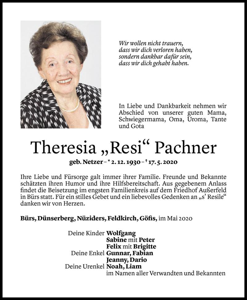  Todesanzeige für Theresia Pachner vom 23.05.2020 aus Vorarlberger Nachrichten