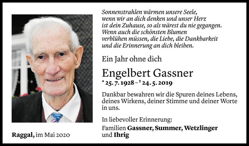  Todesanzeige für Engelbert Gassner vom 23.05.2020 aus Vorarlberger Nachrichten