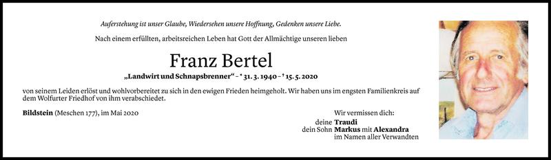  Todesanzeige für Franz Bertel vom 25.05.2020 aus Vorarlberger Nachrichten