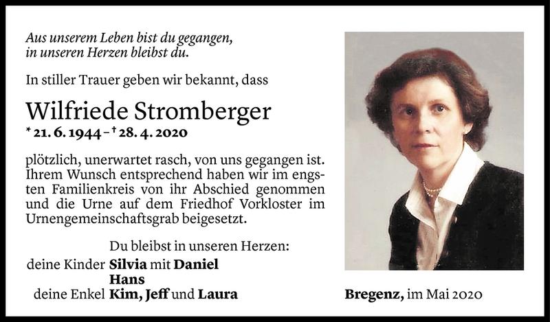  Todesanzeige für Wilfriede Stromberger vom 22.05.2020 aus Vorarlberger Nachrichten
