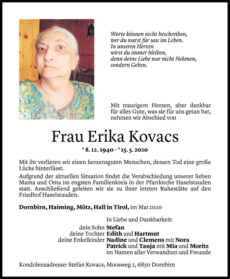  Todesanzeige für Erika Kovacs vom 21.05.2020 aus Vorarlberger Nachrichten