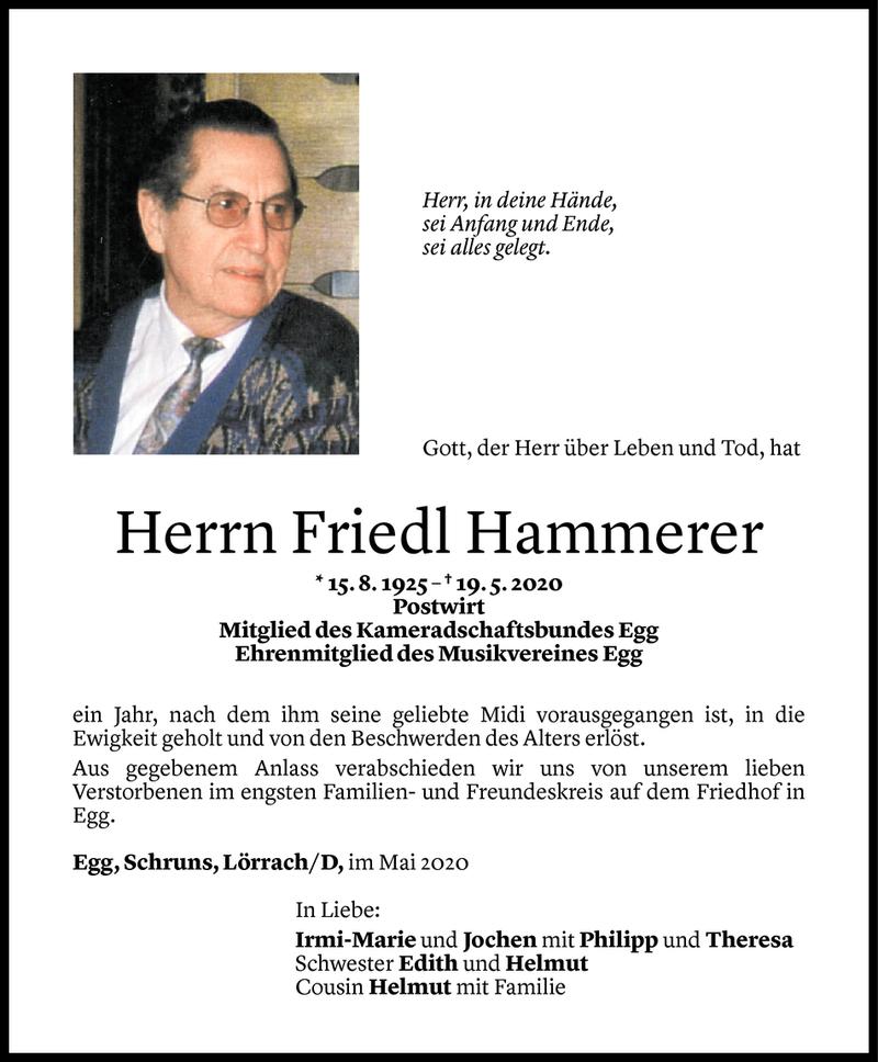  Todesanzeige für Friedl Hammerer vom 21.05.2020 aus Vorarlberger Nachrichten
