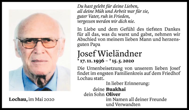  Todesanzeige für Josef Wieländer vom 23.05.2020 aus Vorarlberger Nachrichten