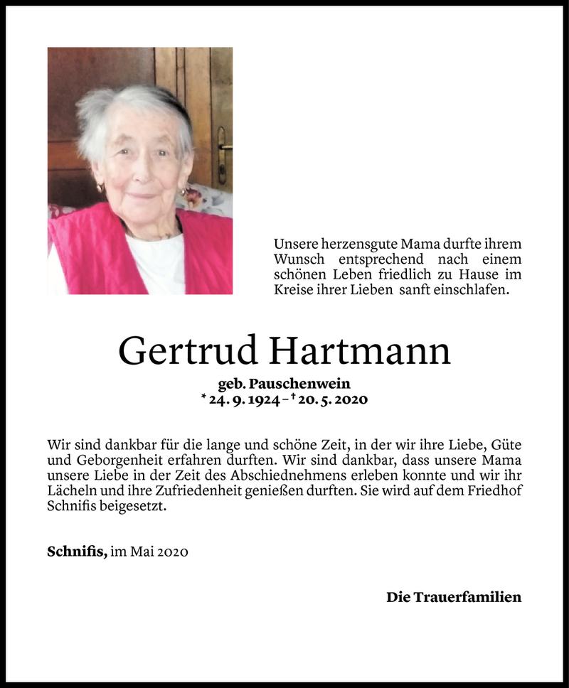  Todesanzeige für Gertrud Hartmann vom 23.05.2020 aus Vorarlberger Nachrichten