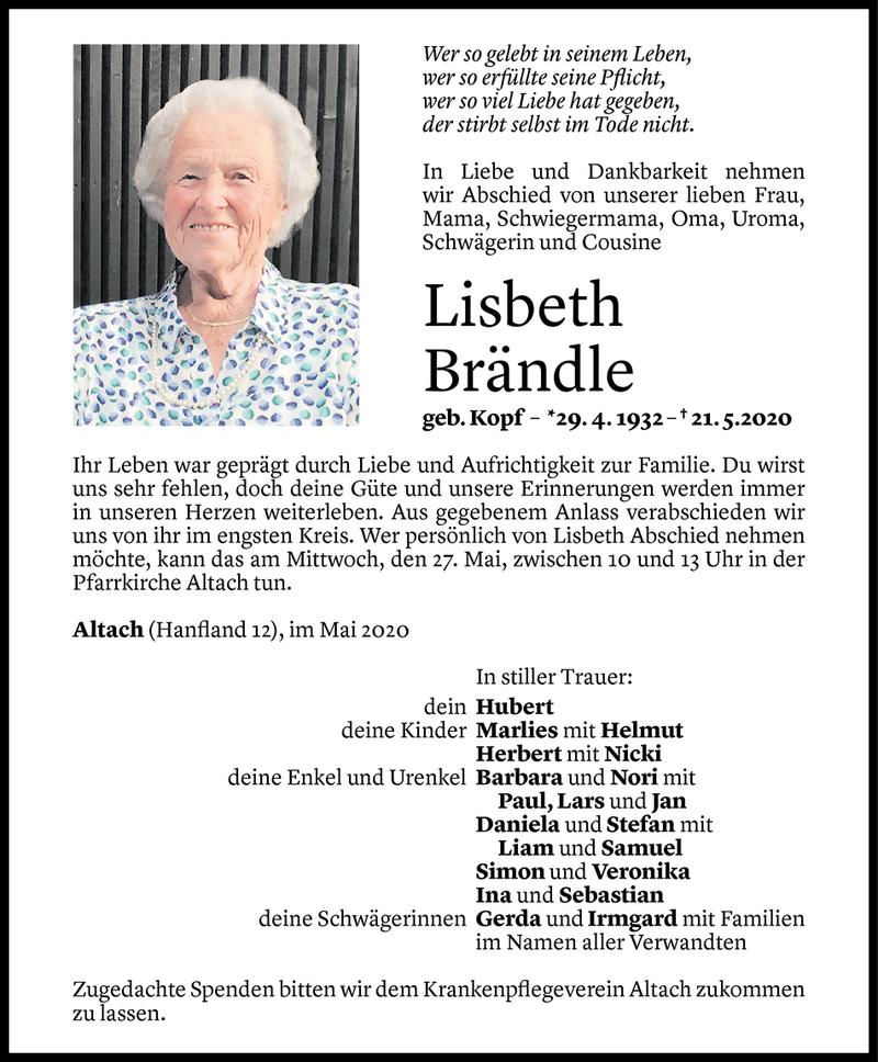  Todesanzeige für Lisbeth Brändle vom 22.05.2020 aus Vorarlberger Nachrichten