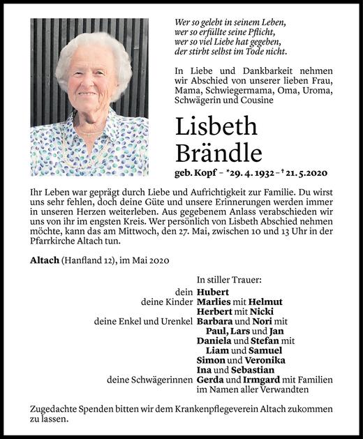 Todesanzeige von Lisbeth Brändle von Vorarlberger Nachrichten