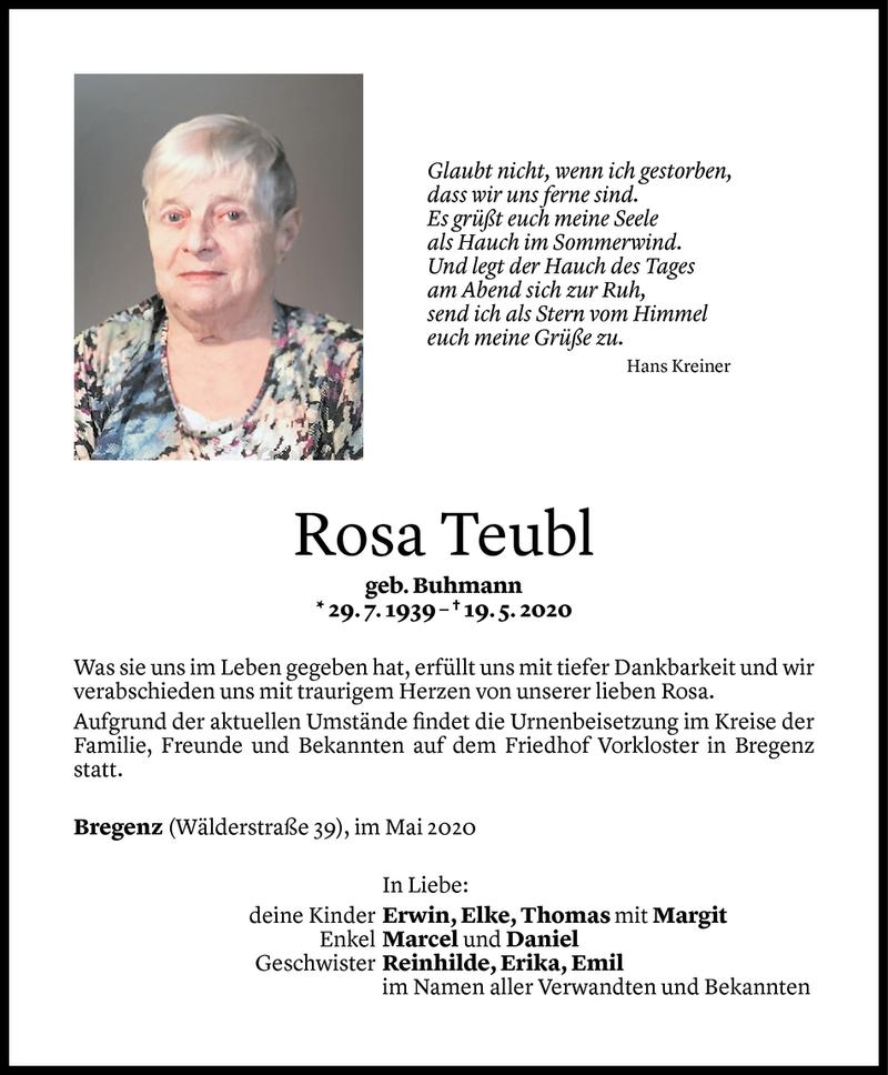  Todesanzeige für Rosa Teubl vom 22.05.2020 aus Vorarlberger Nachrichten