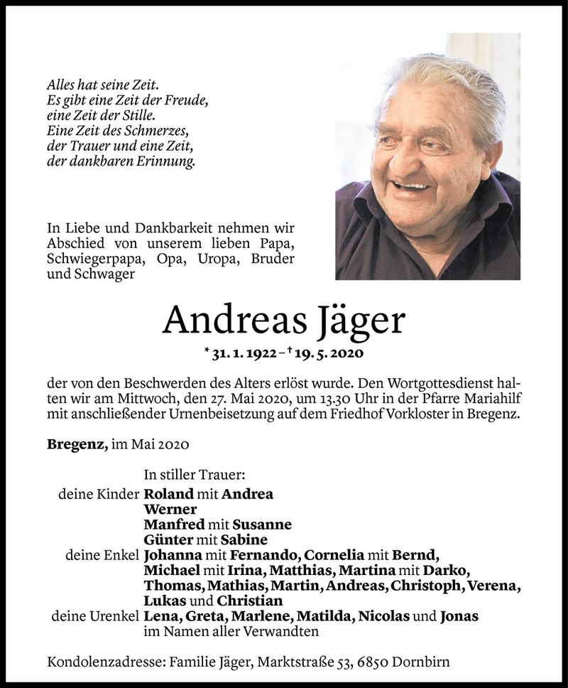  Todesanzeige für Andreas Jäger vom 23.05.2020 aus Vorarlberger Nachrichten