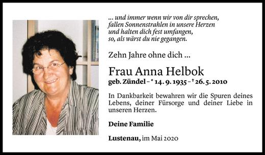 Todesanzeige von Anna Helbock von Vorarlberger Nachrichten