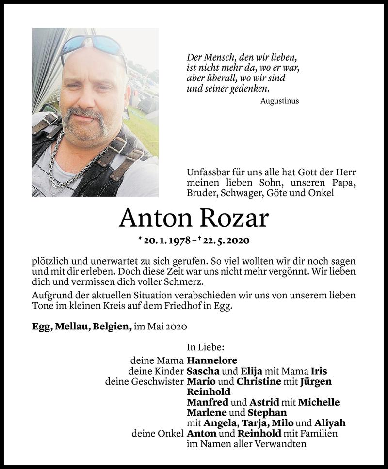  Todesanzeige für Anton Rozar vom 26.05.2020 aus Vorarlberger Nachrichten