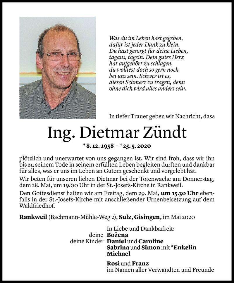  Todesanzeige für Dietmar Zündt vom 26.05.2020 aus Vorarlberger Nachrichten